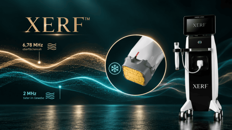 Das XERF-Gerät mit den beiden Frequenzen 6,78 MHz und 2 MHz, Nahaufnahme des gekühlten Behandlungskopfes